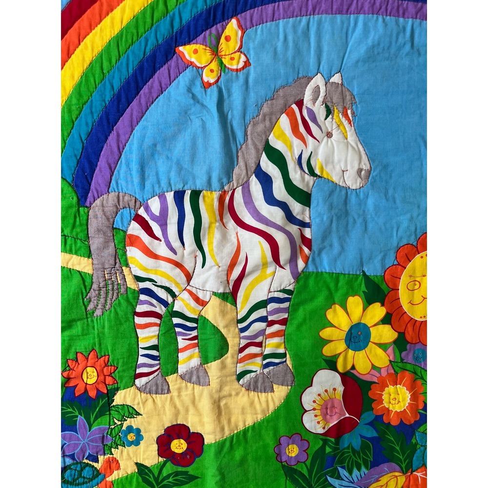 Vintage Handmade Baby quilt Zebra Rainbows lap quilt crib bright colors - Picture 2 of 6